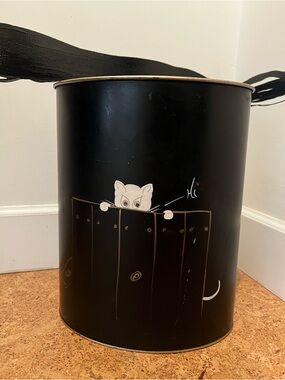 Vintage hand painted Wastebasket Peekaboo Cat garbage can Kitty cat 1960s